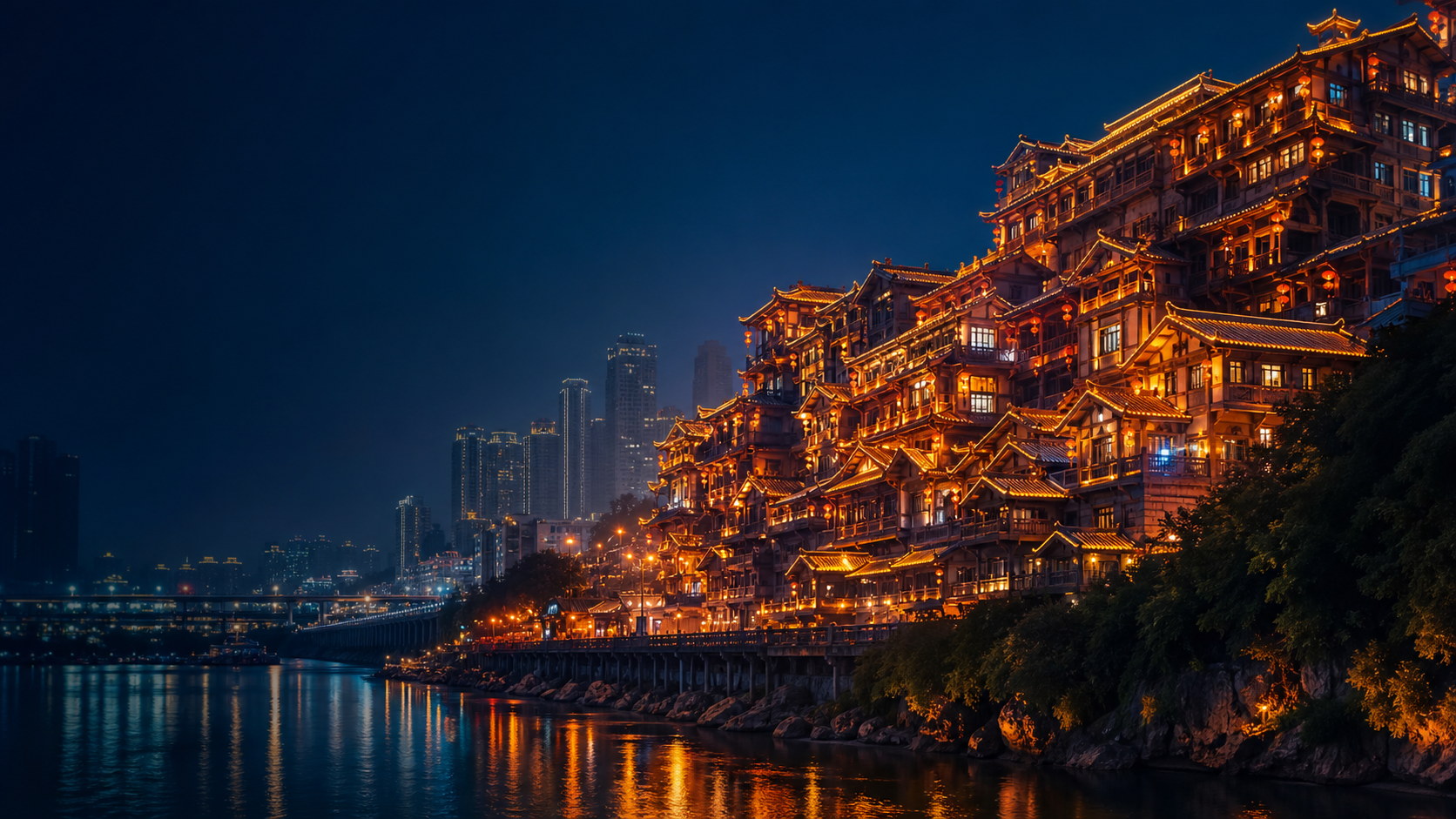 Chongqing Hongya Cave night view by the river
